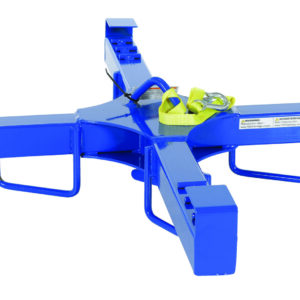 The Vestil Bulk Bag Lifter is a blue metallic, cross-shaped lifting attachment with hooks and handles. It includes a yellow strap on top and visible safety labels and instructions on the sides.
