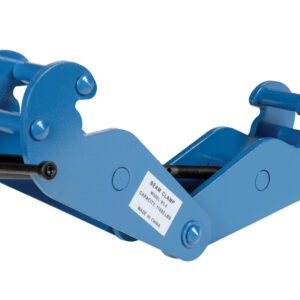 The Vestil Beam Clamp Horizontal Lift Style 8K Lb is a blue metal clamp with adjusting bolts and a side label, designed for secure attachment to beams during lifting operations.