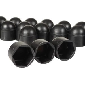 A package of Vestil Black Plastic Bolt Caps 3/4 inch is neatly arranged in rows, showcasing some upright while others display their hollow interiors and hexagonal openings. These caps feature a sleek, rounded dome shape, merging form with function.