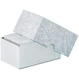 An open white box from the MH-USA 3 3/4 x 2 1/4 x 1 3/4 Stationery Set-Up Cartons (100/Case) contains plain white envelopes, with a lid partially removed to show a subtle gray abstract pattern.