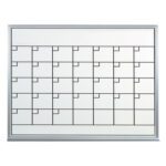Meet the MH-USA 3 x 2 Dry Erase Calendar - 1 Month edition, a wall-mounted planner with a silver frame and blank grid squares for efficient, stylish day planning.