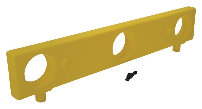 BCD-76-EX12-YL_A.jpg A Vestil Plastic Barricade Height Extension 12 In in yellow, rectangular form features two protruding pegs and three large circular holes, with a small black clip in front on a white background.