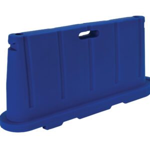 The Vestil Stackable Poly Barricade Blue boasts a durable plastic build with a sturdy base and molded handle. Its rectangular shape and vertical ridges enhance strength, while the stackable design maximizes storage efficiency.