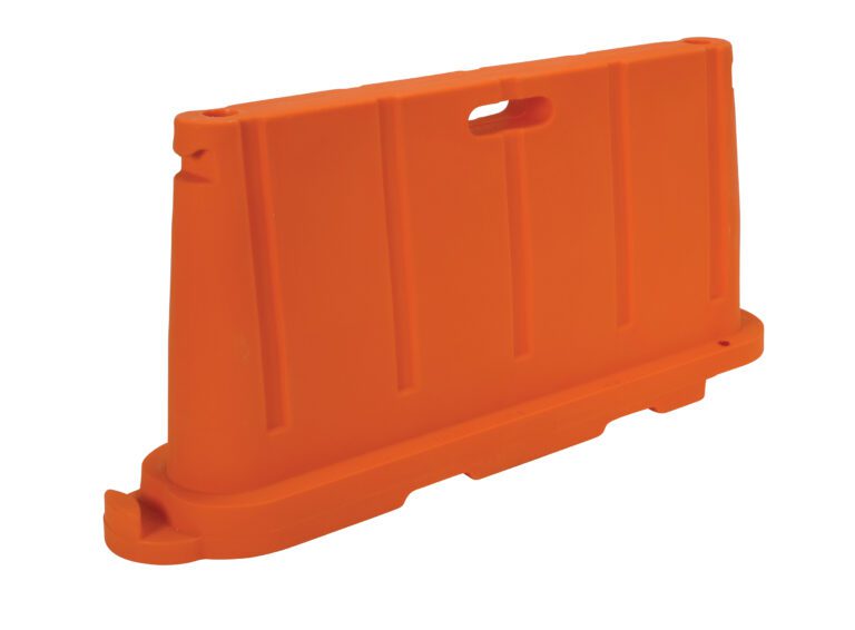 BCD-7636-OR_A.jpg The Vestil Stackable Poly Barricade Orange is a durable traffic barrier with rounded edges, vertical grooves, and a top-center handle cutout for easy transport. Its bright hue exemplifies functionality.