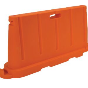 The Vestil Stackable Poly Barricade Orange is a durable traffic barrier with rounded edges, vertical grooves, and a top-center handle cutout for easy transport. Its bright hue exemplifies functionality.