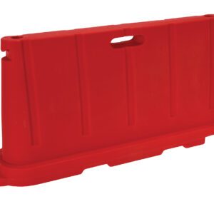 The Vestil Stackable Poly Barricade Red is crafted from red plastic with vertical grooves and a handy top handle cutout. Its rectangular base offers excellent stability, perfect for effective traffic control.