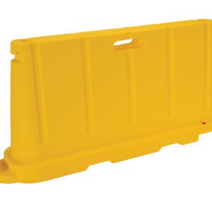The Vestil Stackable Poly Barricade Yellow includes a top handle for easy transport. Its rectangular shape, vertical grooves, and broad base provide stability, while the bright color boosts visibility in construction or roadwork zones, making it a perfect safety choice.