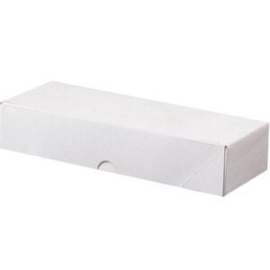 A classic MH-USA 10 x 3 1/2 x 2 Stationery Folding Carton (200/Case), photographed from above and slightly to the side on a white background, highlights the simple design of a plain rectangular white cardboard box.