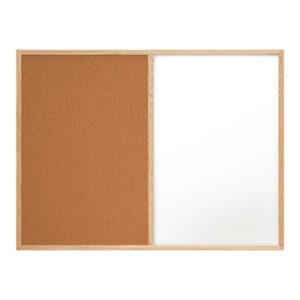 The MH-USA Combination Dry Erase/Cork Board 4 x 3 features a versatile design with a corkboard on the left, a whiteboard on the right, and an elegant wood frame.