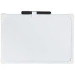 The MH-USA 7 x 11 Portable Magnetic Dry Erase Board features a sleek design with rounded corners, a thin border framing the white surface, and includes a black marker clipped at the top, ideal for portable note-taking.