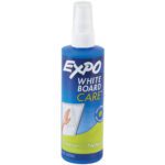 The Expo® Dry Erase Board Cleaner (8 oz.) is in a blue spray bottle labeled EXPO White Board Care, with an image of a hand wiping a whiteboard.