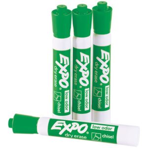 A set of 12 Expo® Green Dry Erase Markers with chisel tips is ideal for classrooms or offices, ensuring clear and precise writing with low odor.