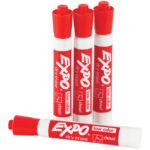 Four Expo® Red Dry Erase Markers, part of a 12/Case set, are arranged with three standing upright and one lying down. Each showcases Expo, low odor, and chisel, emphasizing their chisel tip design.