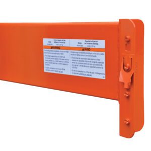 A close-up of the orange Vestil Pallet Racking Step Beam 5000 Lb 12 Ft, featuring a blue and white safety label, flat rectangular end, keyhole-shaped slot, and multilingual markings.