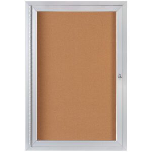 The MH-USA 2 x 3 Enclosed Cork Board with Aluminum Frame features a silver frame, lockable glass door, and brown cork surface, perfect for displaying notices or documents.