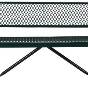The Vestil Bench Expanded Metal 72 Green is a long outdoor bench with a mesh design, featuring a straight backrest and no armrests. It boasts sturdy black metal legs, making it perfect for parks or gardens.
