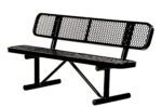 The Vestil Bench Expanded Metal 96 Black boasts a sleek mesh design on the backrest and seat, supported by two durable legs. Its modern elegance is highlighted by its isolation on a white background.