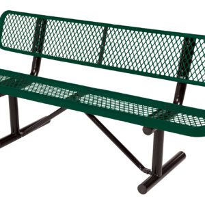 The Vestil Bench Expanded Metal 96 Green boasts an expanded metal design in vibrant green, complemented by black metal legs. It features rectangular sections and a slightly curved backrest, presented against a plain white background.