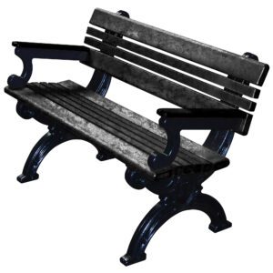 The Vestil Bench Cambridge With Arms 48 Bk Frame Bk Seat features a dark wood design with metal armrests and legs, showcasing classic horizontal slats on the seat and backrest.