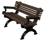 The Vestil Bench Cambridge With Arms is a 48 bench featuring a dark brown cambridge seat and backrest with three slats, supported by ornate black metal arms and legs. This elegant design combines style, durability, and function, making it ideal for scenic views.