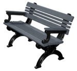 The Vestil Bench Cambridge With Arms features a 48-inch dark gray slatted seat and back with sleek black curved metal arms and legs, enhancing any outdoor setting. This stylish bench is beautifully presented against a pristine white backdrop.