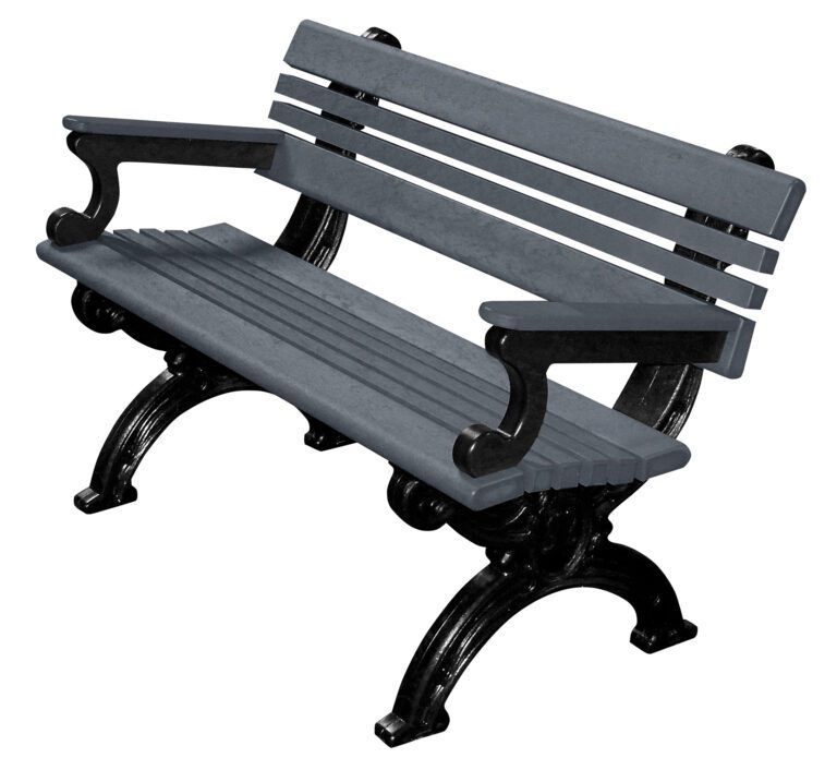 The Vestil Bench Cambridge With Arms features a 48-inch dark gray slatted seat and back with sleek black curved metal arms and legs, enhancing any outdoor setting. This stylish bench is beautifully presented against a pristine white backdrop.