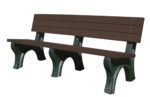 The Vestil Bench Deluxe Backed 2672 BK Leg Brown Seat, with dark green supports and a brown slatted backrest and seat, radiates simplicity. Its angled view highlights the models timeless design, making it an essential addition to any park.