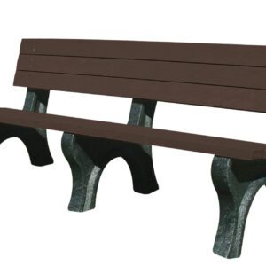 The Vestil Bench Deluxe Backed 2672 BK Leg Brown Seat, with dark green supports and a brown slatted backrest and seat, radiates simplicity. Its angled view highlights the models timeless design, making it an essential addition to any park.