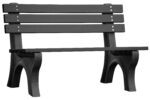 The Vestil Bench Economy Backed 48 Bk Leg Black Seat showcases a minimalist design with three slatted backrest and solid curved legs, offering a blend of elegance and functionality. This black wooden model is set against a plain white background.