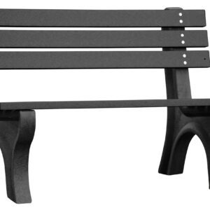 The Vestil Bench Economy Backed 48 Bk Leg Black Seat showcases a minimalist design with three slatted backrest and solid curved legs, offering a blend of elegance and functionality. This black wooden model is set against a plain white background.