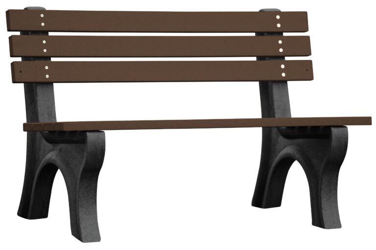 The Vestil Bench Economy Backed 48 Bk Leg Brown Seat features a minimalist design with a 48-inch brown slatted seat and backrest, supported by sturdy black legs. Its ideal for outdoor use and complements a plain white background effortlessly.