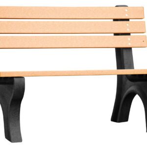 The Vestil Bench Economy Backed 48 Bk Leg Cedar Seat features a simple design with three horizontal cedar slats for the backrest and one for the seat, supported by sturdy black legs made of heavy material.