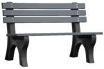 The Vestil Bench Economy Backed 48 Bk Leg Char Seat features a dark gray slatted wooden design with sturdy black supports, perfect for parks or gardens. Positioned against a plain white background, it elegantly combines function and style.