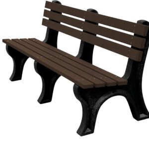 The Vestil Bench Economy Backed 72 features a black metal frame with three vertical supports and a brown slatted seat and backrest. Crafted for outdoor use, this 72 bench seamlessly combines style and durability.