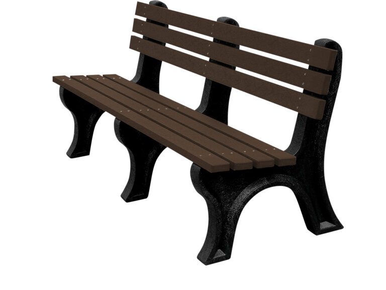 The Vestil Bench Economy Backed 72 features a black metal frame with three vertical supports and a brown slatted seat and backrest. Crafted for outdoor use, this 72 bench seamlessly combines style and durability.