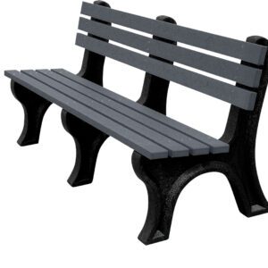 The Vestil Bench Economy Backed 72 Bk Leg Char Seat features a minimalist black and gray design with three back slats and sturdy legs. Measuring 72 inches, its ideal for outdoor spaces, offering style and durability in its composite material.