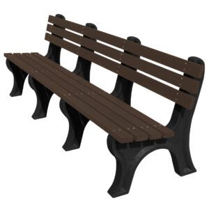 The Vestil Bench Economy Backed 96 Bk Leg Brown Seat features a 96-inch brown slatted seat and backrest, elegantly supported by black curved metal legs.