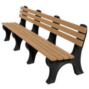 The Vestil Bench Economy Backed 96 Bk Leg Cedar Seat provides a cost-effective and stylish outdoor seating solution with its cedar seat and durable black metal legs, featuring a long design with three backrests divided by the frame for added comfort.