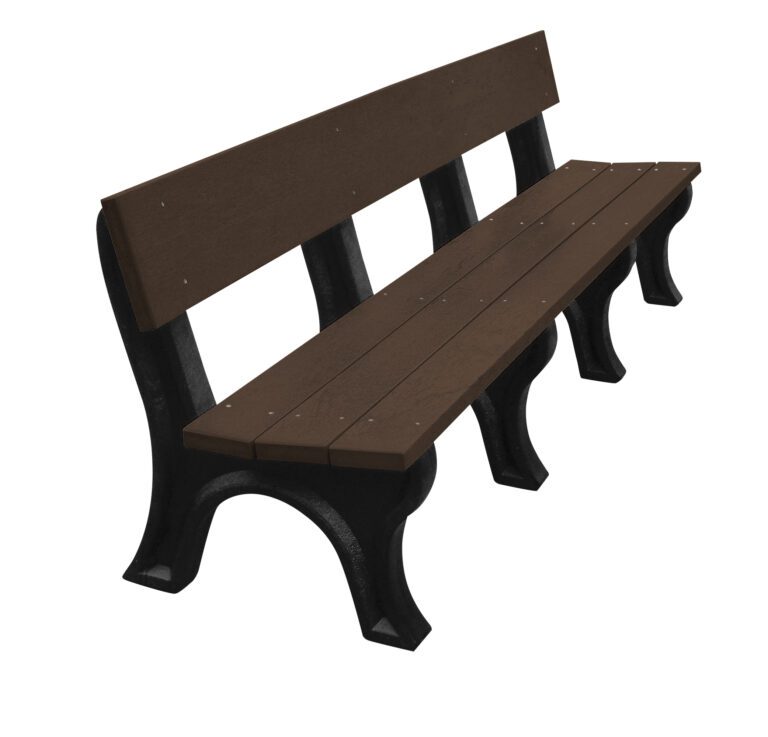 BEN-PLMB-96-BKBN_A.jpg The Vestil Bench Landmark Backed 96 features a dark brown slatted wooden seat and backrest, supported by sturdy black metal legs, artfully angled to highlight its side profile and part of the front.