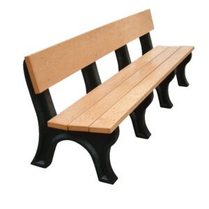 Introducing the Vestil Bench Landmark Backed 96 Bk Leg Cedar Seat, featuring a cedar seat with black metal supports. This classic design has a slatted backrest and seat, perfect for outdoor use. The 96-inch bench is crafted to highlight its angles, blending timeless style with rugged durability.