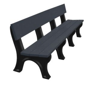 The Vestil Bench Landmark Backed 96 features a dark gray char seat with a backrest, supported by subtly angled black metal legs. Designed for public spaces like parks or gardens, its both sleek and sturdy.