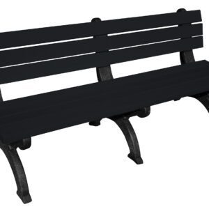 The Vestil Bench Monarque Backed 72 Bk Leg Black Seat features a dark green, slatted backrest and seat, with durable black metal legs and arm supports. This 72-inch bench stands elegantly on a plain white background, showcasing its timeless design.