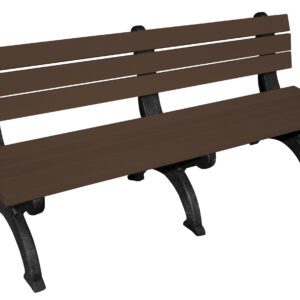 The Vestil Bench Monarque Backed 72 features a brown slatted seat and backrest with sturdy black metal legs and armrests, beautifully standing out against a white background for a timeless design.