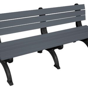 The Vestil Bench Monarque Backed 72 with black legs and a charcoal seat features a gray, slatted design. Its minimalist, functional style makes it ideal for parks or public spaces, providing reliable seating on a neutral palette.