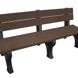 The Vestil Bench, featuring a traditional design with a 72-inch brown seat made of three horizontal planks and supported by three black metal legs, stands alone on a white background.