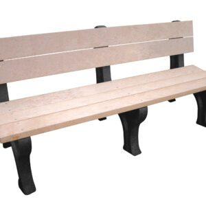 The Vestil Bench Traditional Backed 72 Bk Leg Cedar Seat showcases a timeless design with a cedar seat of light brown planks and sturdy black metal legs. With three horizontal backrest slats and four supporting legs, it offers classic appeal from the front view.