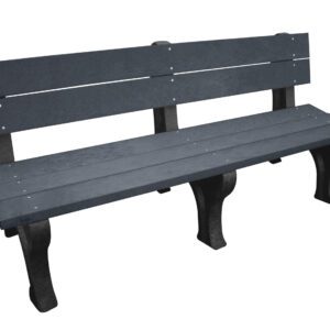 A simple, empty Vestil Bench Traditional Backed 72 with a dark wooden seat and backrest, supported by black metal legs, isolated on a white background.