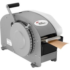 The Better Pack® 333 Plus With Heater is a sleek, gray manual tape dispenser with a cranking handle and measurement dial. Its ideal for packaging, dispensing brown paper tape efficiently while prominently showcasing its logo.