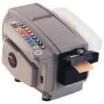 A gray Better Pack® 555eS electronic paper tape dispenser with numbered, colorful function buttons and a small slot partially ejecting a paper piece.