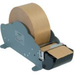 The Better Packages® Packer® 3s Pull & Tear Machine is a sleek gray tape dispenser designed for large brown packing tape rolls, featuring a built-in cutter with partially unwound tape at the front for easy dispensing.